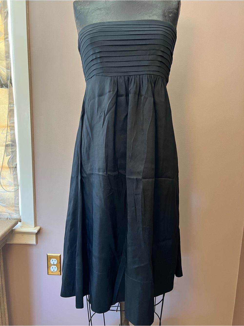 Vintage Black 100% Silk Strapless Pleated Bust Midi Dress Petite 6